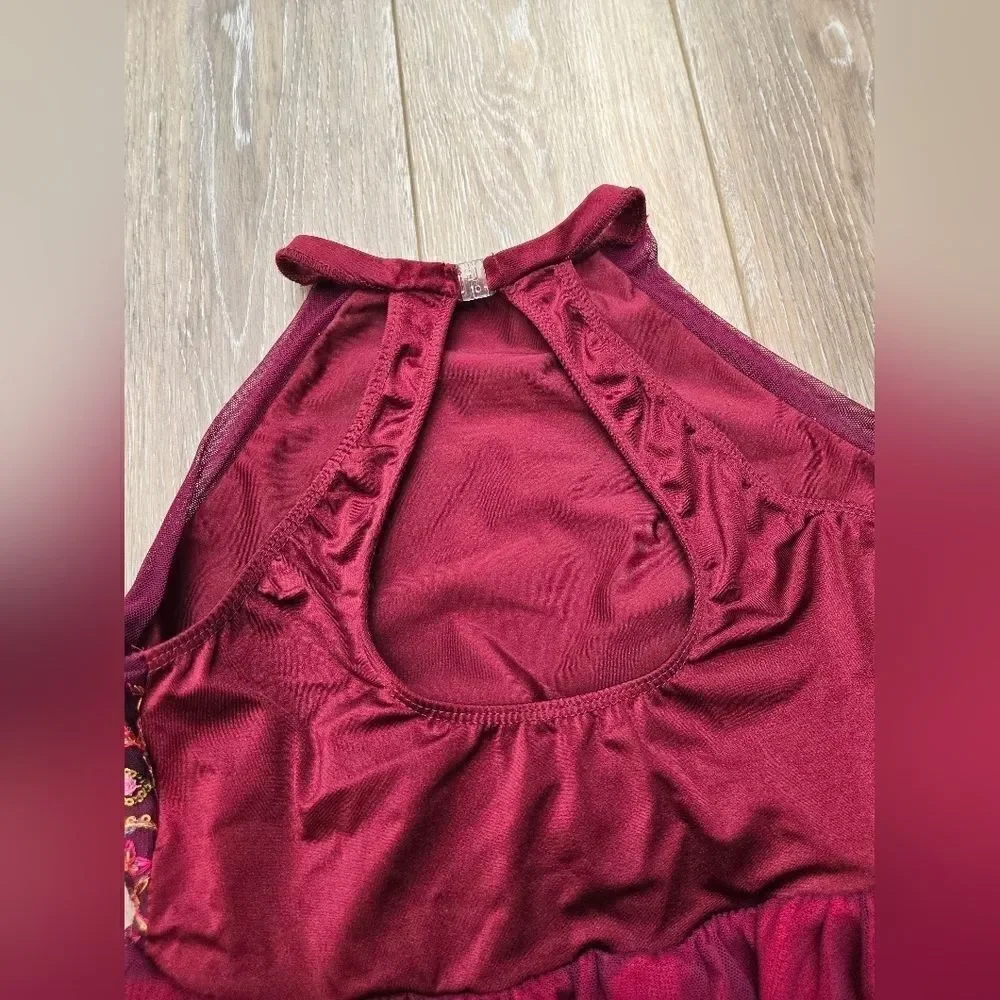 Costume Gallery Burgundy leo with attached skirt with burgundy hair piece xl